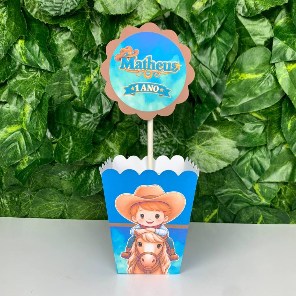 Centro de Mesa Cowboy / Cachepô Personalizado Azul Lembrancinha para Festa Infantil