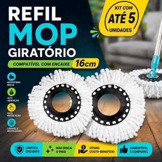 5 Refil Mop Giratório Esfregão Microfibra 16cm Lavável Reutilizável Alta Absorção
