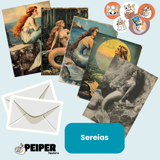 Cartão Postal Decorativo Sereias Fundo do Mar Fantasia Mitologia Com Envelope Reciclato e Lacre Adesivo