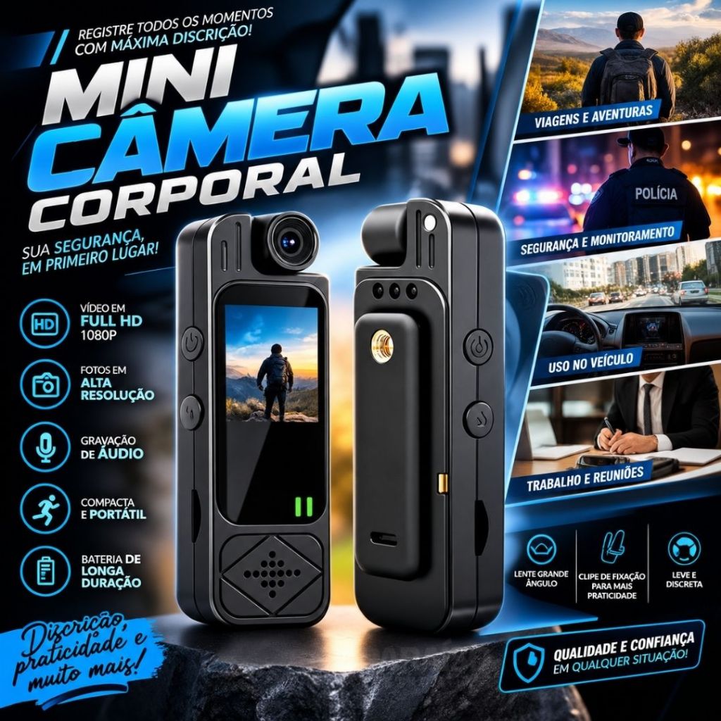 Câmera de Ação Full HD 1080p Esportiva de Desporto 180º Filmadora Esportes Body Cam Á Prova d'Água