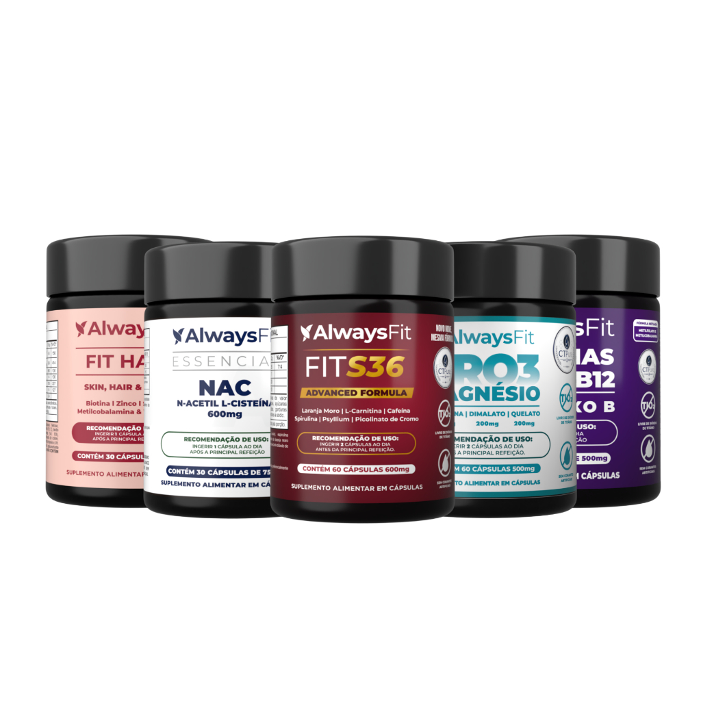 Kit FitS36 + Pro3Magnésio + NAC + FitHair + Complexo B AlwaysFit | 5 Suplementos | 240 Cápsulas