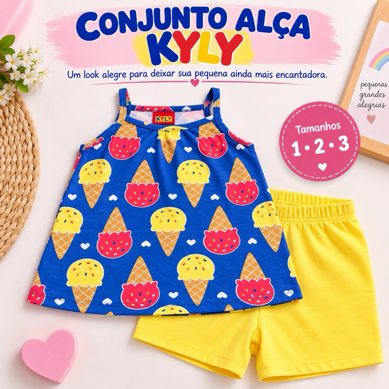 Conjunto Infantil Feminino Menina Kyly Regata de Alça + Short Estampado Sorvete Tamanho 1 2 3