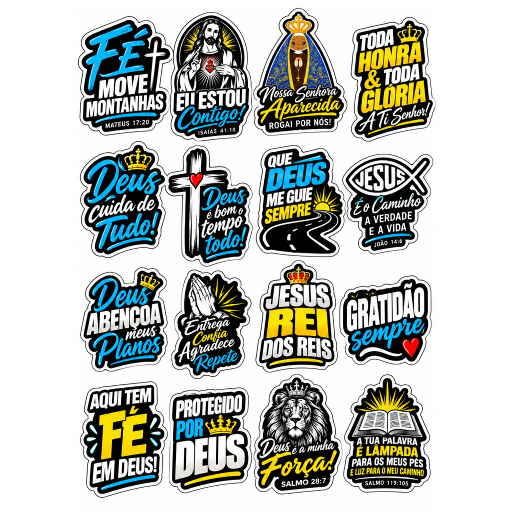 Kit 16 Adesivos Cartela A4 Fé Jesus Deus Cristão Religiosos Carro Moto Capacete Notebook