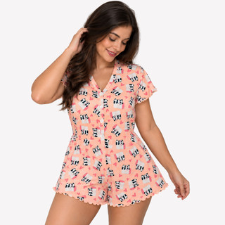 Macaquinho Macacão Gringa Feminino Suede Aberto na Frente Ondinhas Luxo Pijama Feminino