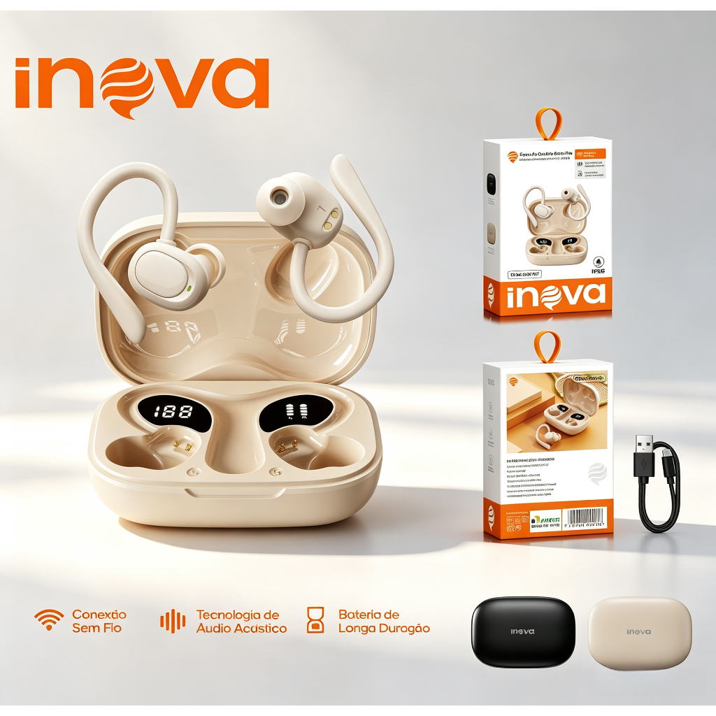 INOVA Fone de Ouvido Sem Fio Bluetooth6.0 Com Display Digital Condução Óssea/Compacto e Leve/Resistente a Água/Tipo-C · foto 2