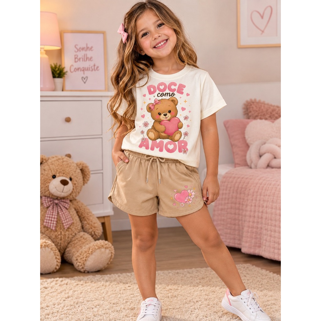 Conjunto Infantil Feminino Premium Doce Amor Ursinha Camiseta e Short Estampado Tamanho 2 ao 16