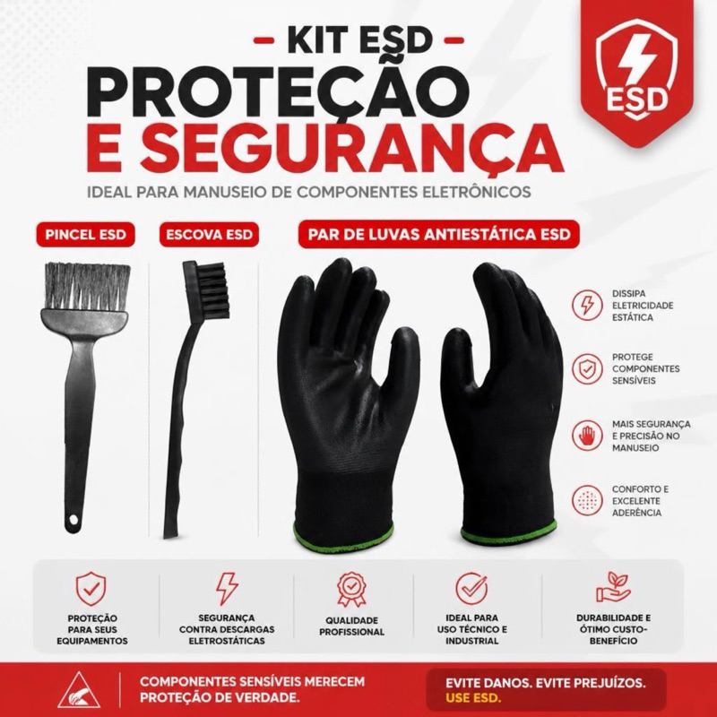 Par de Luvas Antiestáticas + Pincel ESD + Escova ESD - Limpeza de Placas PC e Eletrônicos