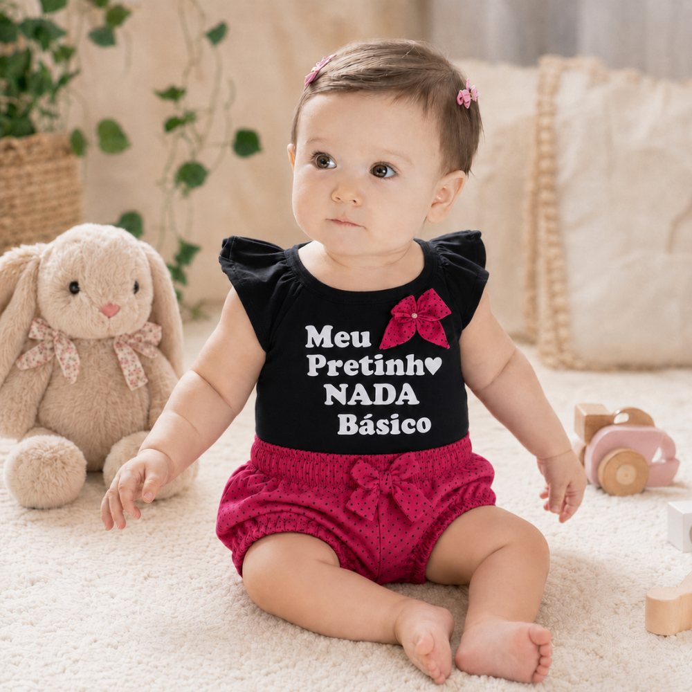 Conjunto Bebê Menina "Meu Pretinho Nada Básico" Blusa e Short Estampado Macia Delicada e Confortável 100% Algodão