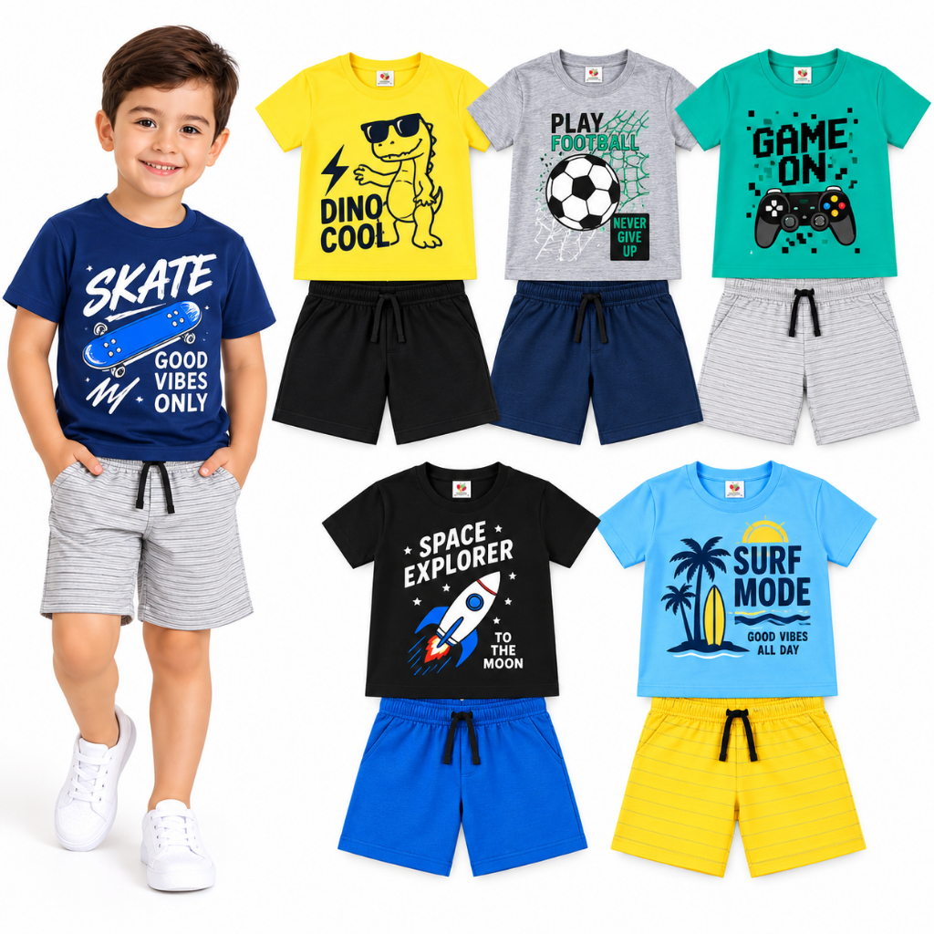 Kit 5 Conjuntos Infantis Masculinos Verão Estampados – Roupas Leves e Confortáveis
