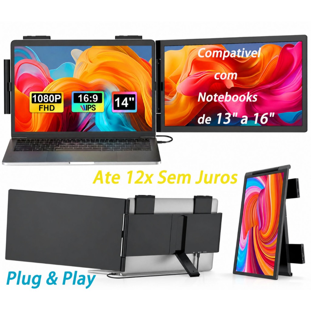 Monitor Portátil 14"Extensor De Tela Para Notebook Segunda Tela Full HD 1080P IPS 60Hz  Tipo-C HDMI Plug & Play Mac/PC