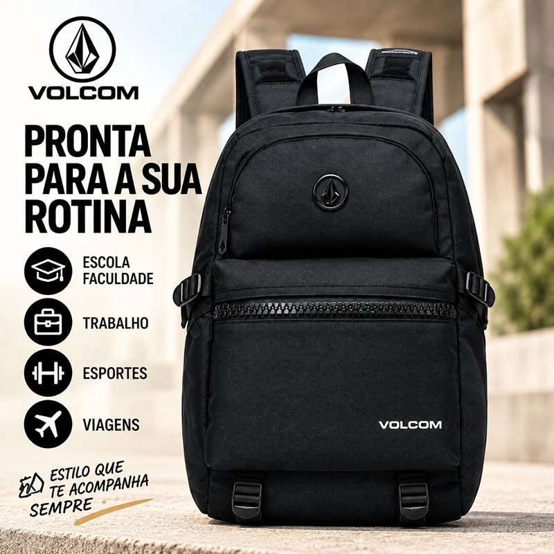 Mochila Volcom Masculina Escolar Faculdade Trabalho Viagem USB Reforçada 16L Preta