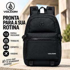 Mochila Volcom Masculina Escolar Faculdade Trabalho Viagem USB Reforçada 16L Preta