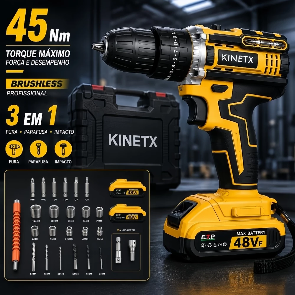Furadeira Parafusadeira De Impacto 48VF Sem Fio 2 Baterias Kit Completo Com Maleta Bivolt Kinetx
