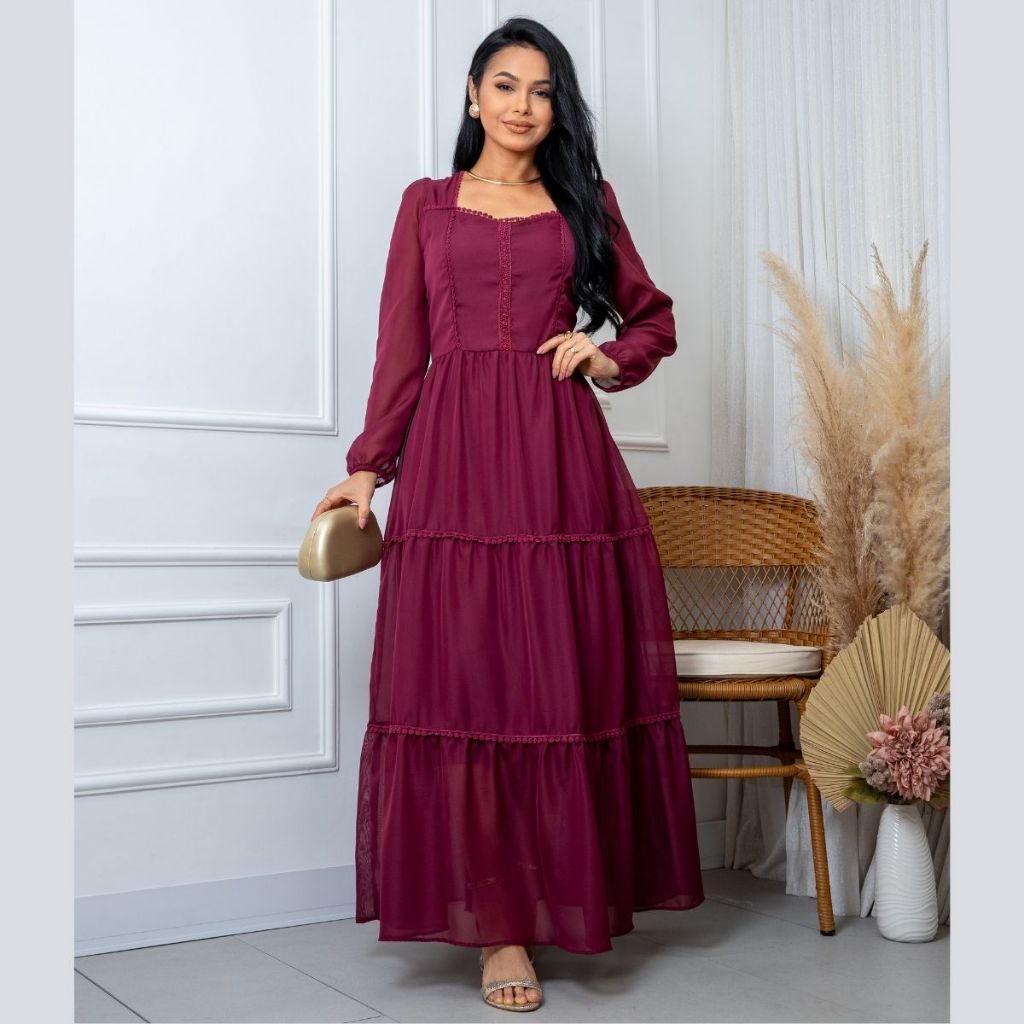 Vestido Feminino Elegante Longo Tecido Chiffon Manga Longa em Tule Sofisticado Moderno