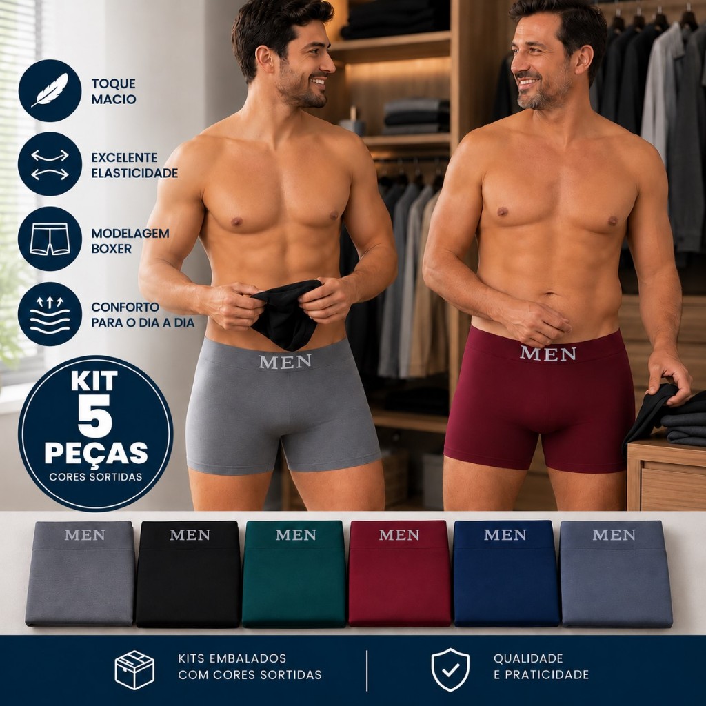 Kit 5 Cuecas Boxer Masculina Microfibra Confortável Cós Largo Elástico MEN
