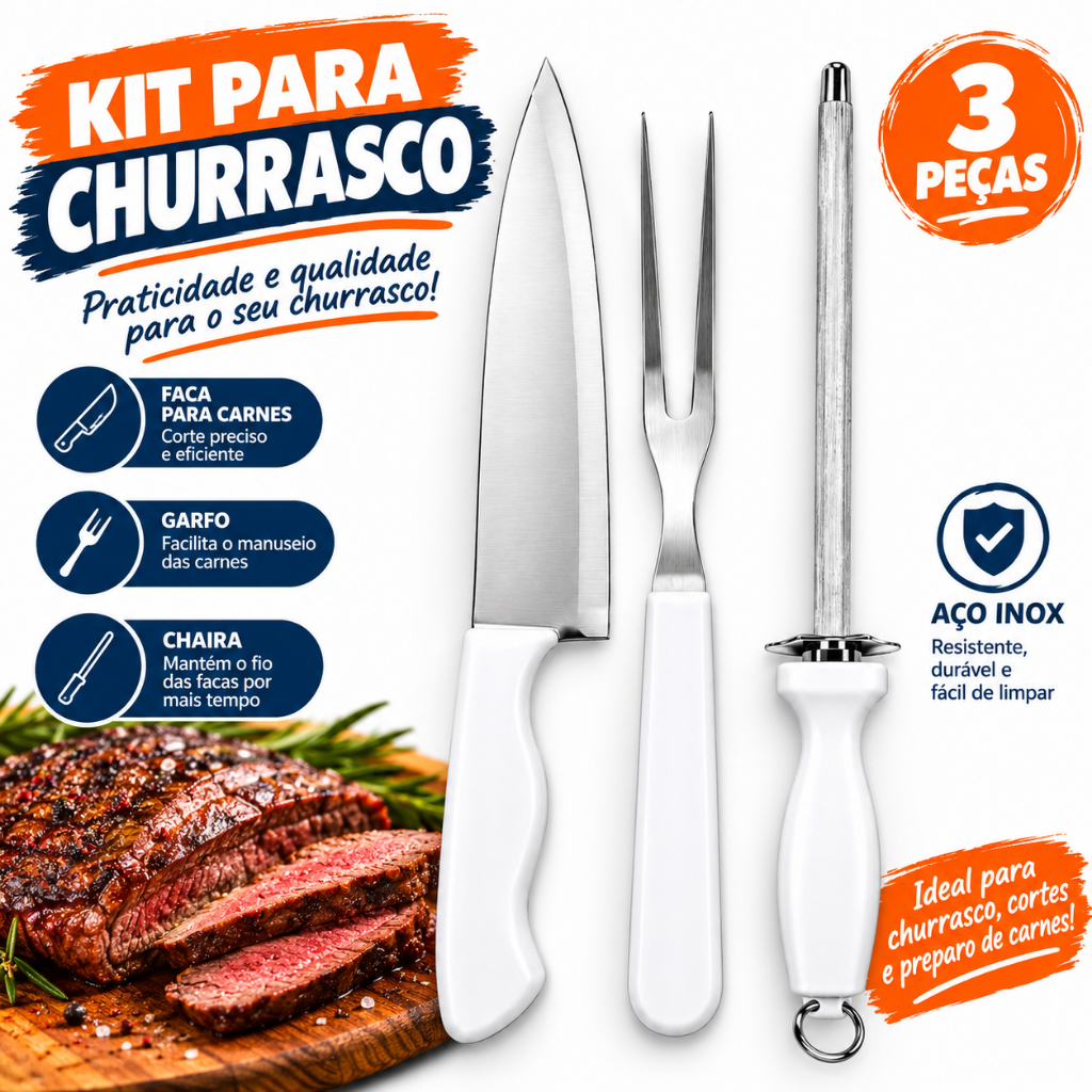 Kit Churrasco 3 Peças Faca 8 Garfo 5 Chaira 7 Aço Inox Profissional