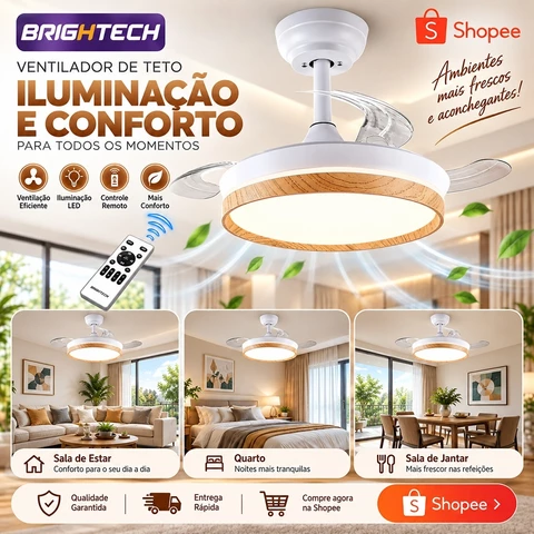 Brightech 107cm Ventilador De Teto Silencioso Retrátil LED Controle Turbo Bivolt 127/220V Até 30m²