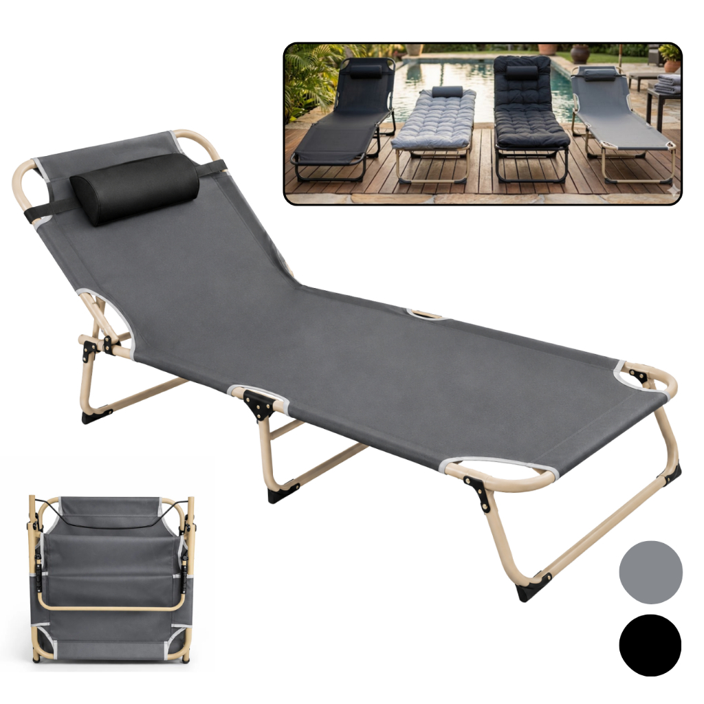 Cadeira Cama Espreguiçadeira Dobrável Reclinável Com Travesseiro Com/Sem Colchão Camping Praia Piscina