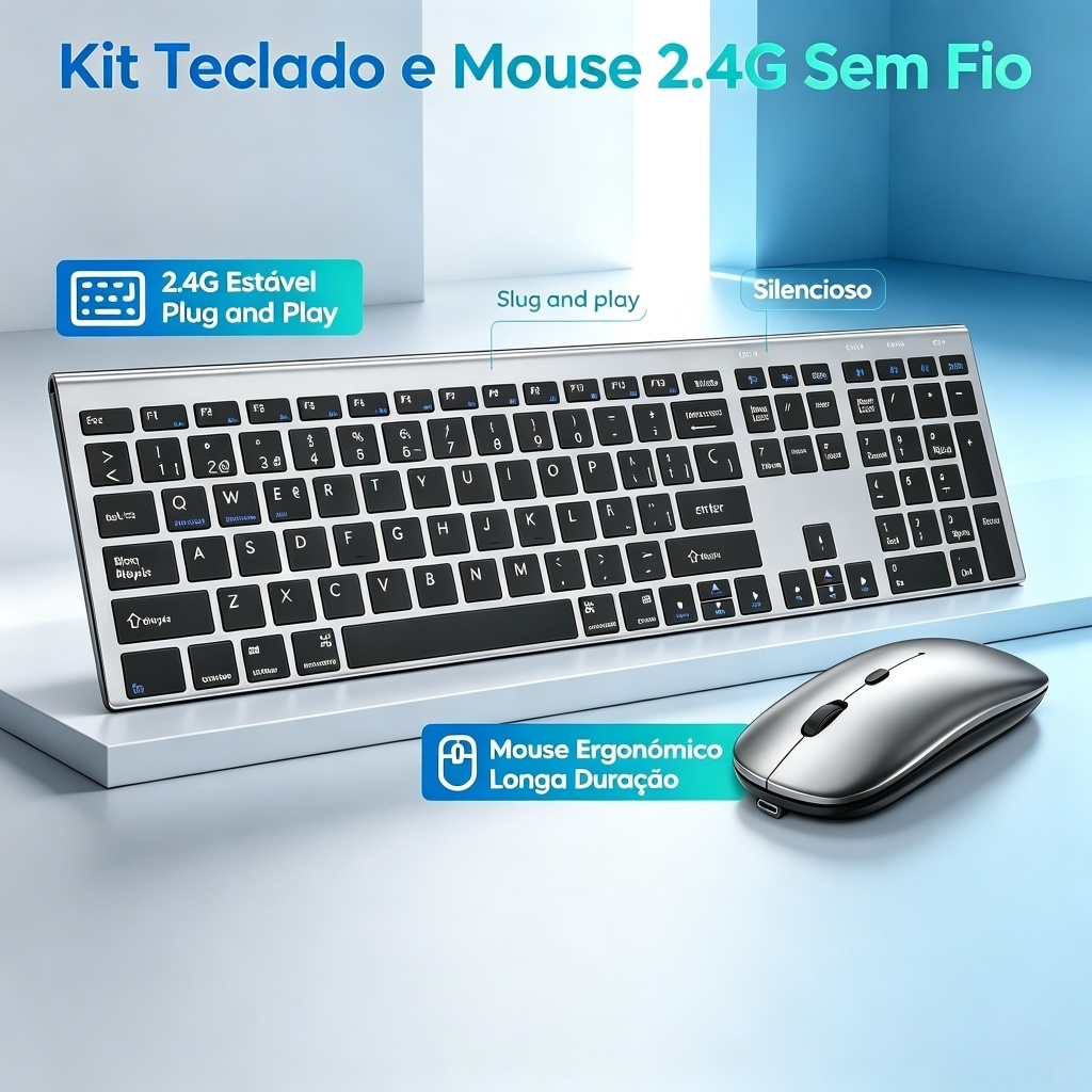 Kit Teclado e Mouse Sem Fio Recarregável Bluetooth+2.4G Silencioso Multimídia Para Notebook PC Tablet