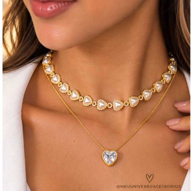 KIT 2 Choker Colar de pérolas de coração + Colar Com coração Ponto De Luz banhado a prata a ouro 18K