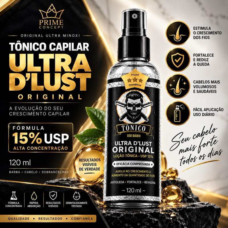 Tônico Capilar Crescimento Barba Cabelo e Sobrancelha D’Lust 15% Ativos Original