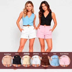 Shorts Feminino Alfaiataria Cintura Alta Social com Bolsos Sofisticado Elegante Moda Casual Verão