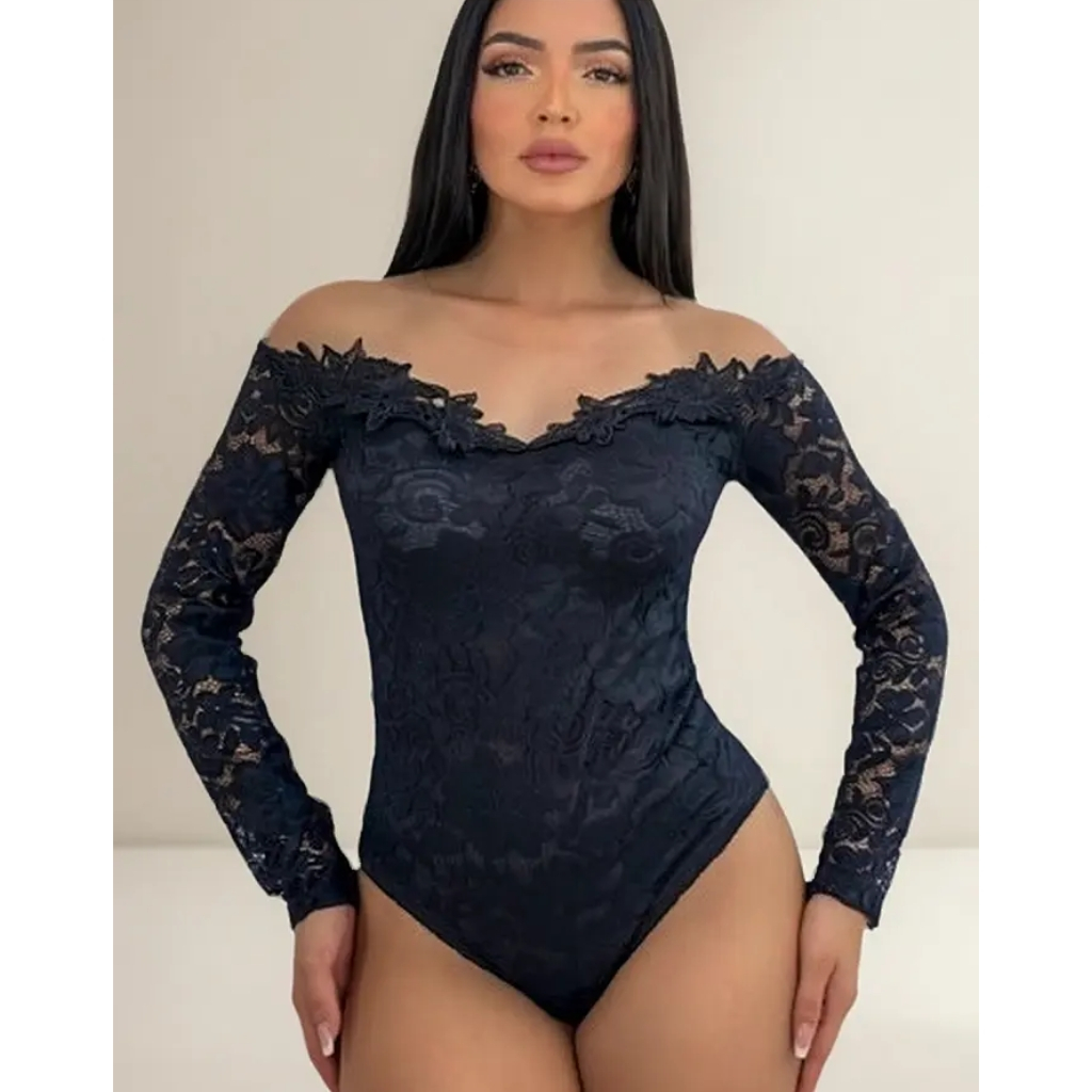 Body Feminino Modelo Manga Longa Em Renda E Decote Em Tule