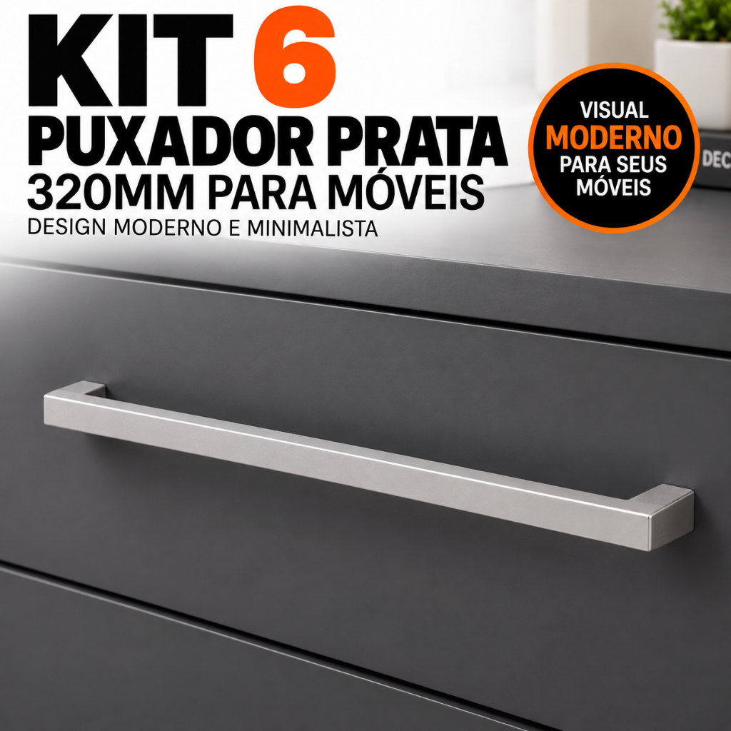 Kit 6 Puxador Prata 320mm Para Móveis Porta Gaveta Armário