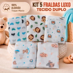 Kit 5 Fraldas de Pano Luxo com Bainha 100% Algodão Estampadas Bebê Tecido Duplo 70cmx70cm