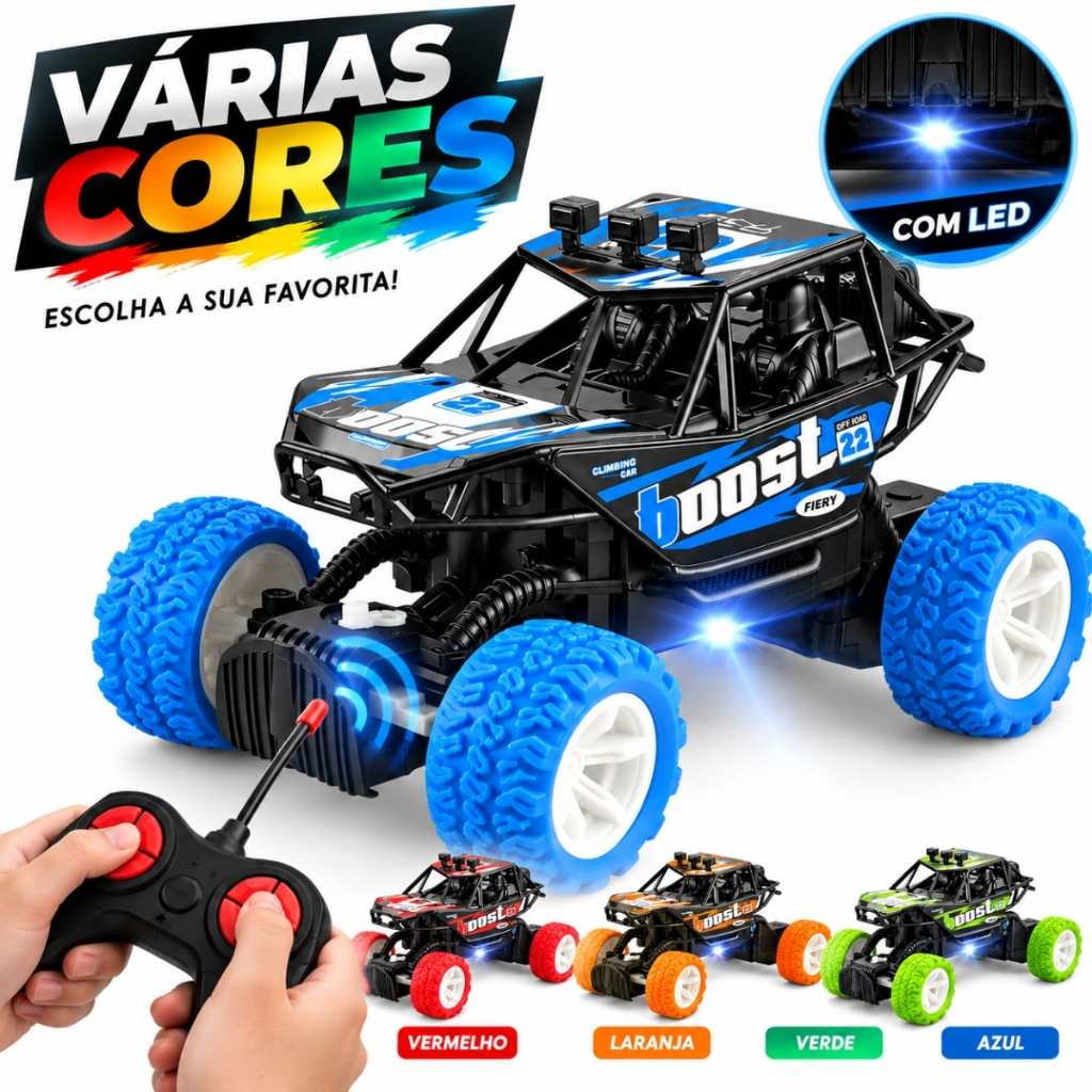 Carrinho de Controle Remoto Jipe Off Road Luz LED Brinquedo de Menino com Pilhas