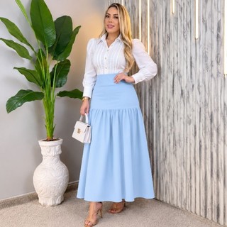 Saia Godê Feminina de Tricoline Algodão Cintura Alta Moda Evangélica