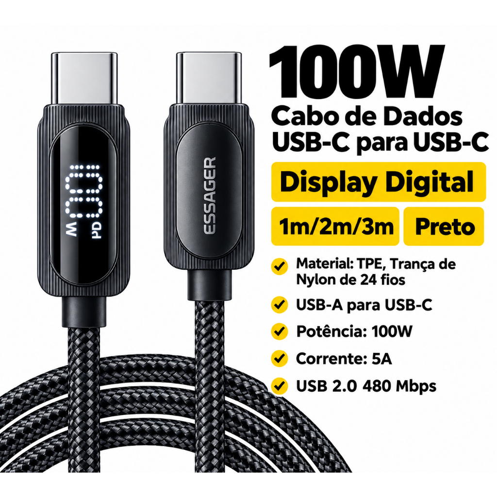 Cabo ESSAGER USB-C para USB-C 100W 5A PD 3M com Display Digital Carregamento Rápido