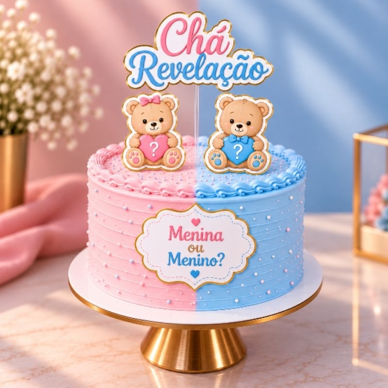 Topo de Bolo Chá Revelação Ursinhos Menino ou Menina Decoração Festa Enfeite para Bolo