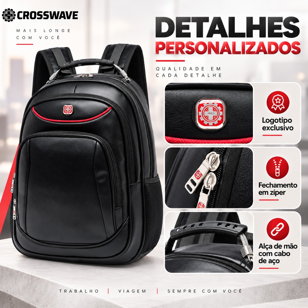 Crosswave Mochila Masculina Executiva em Couro Sintético PU com USB e Alça de Mão com Cabo de Aço para Trabalho