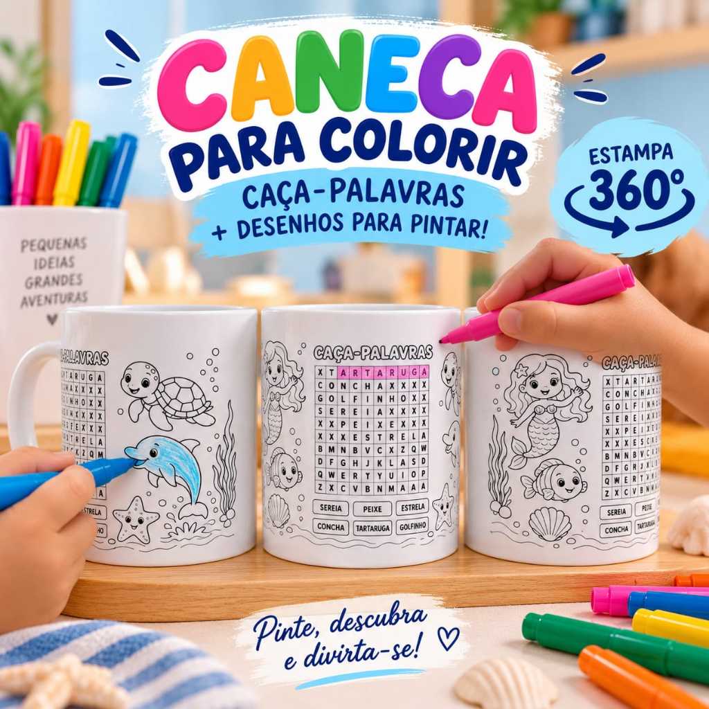 KIT CANECAS DE PINTAR 10 A 40 COM CAÇA PALAVRAS, FUNDO DO MAR, PLÁSTICO 400ML, CRIANÇAS, ESCOLA