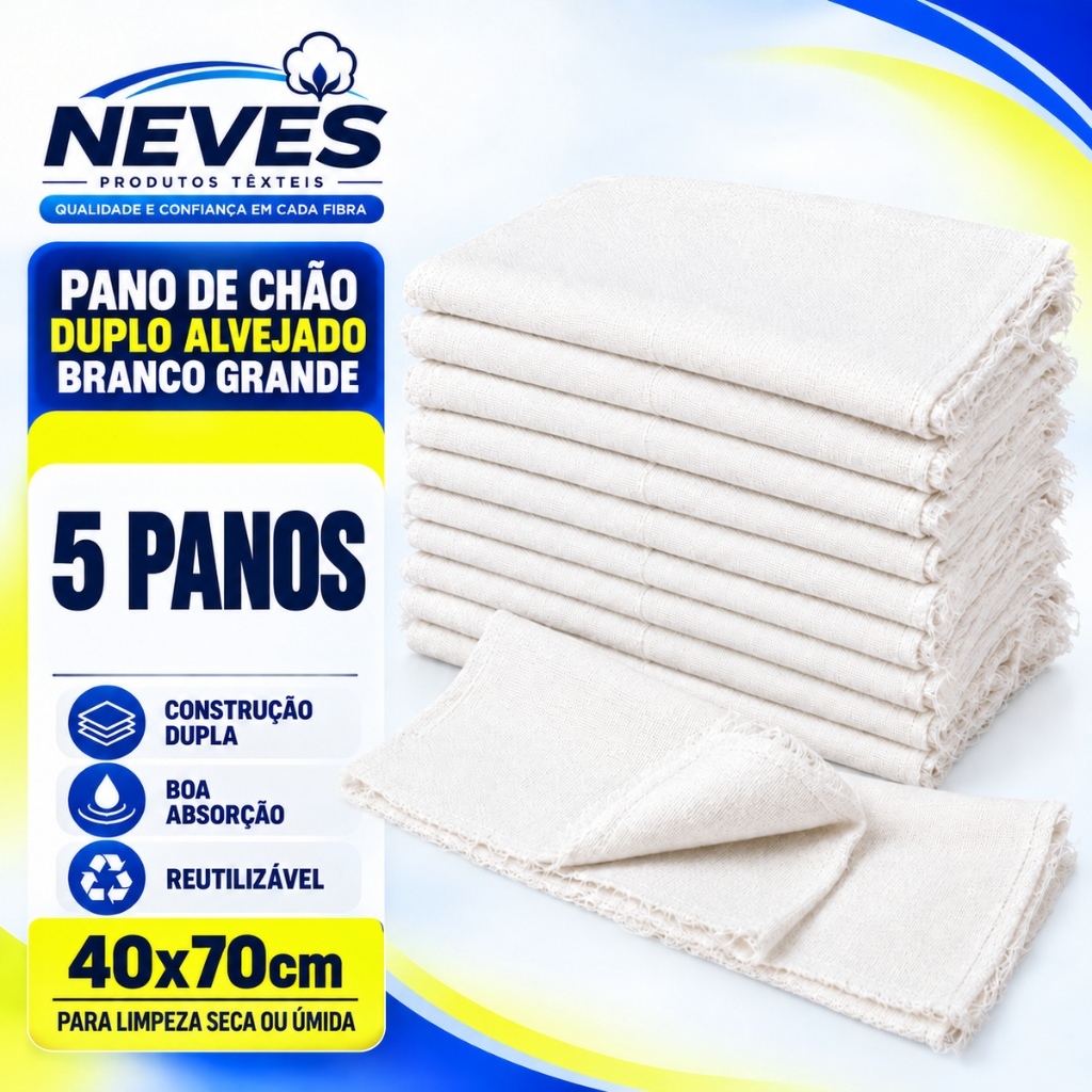Pano De Chão Alvejado Branco Neves 100% Algodão - 40x70cm - Kit Com 5un