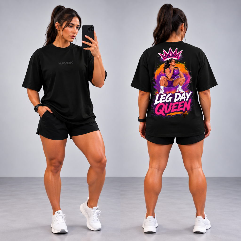 Camiseta Feminina OverSized Leg Day Queen Academia Fitness Treino Musculação Estampa Feminina