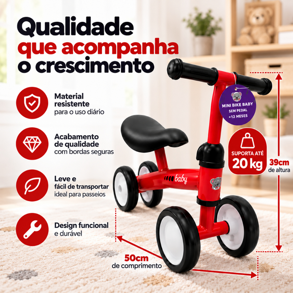 Bicicleta De Equilíbrio Andador Infantil Sem Pedal 4 Rodas Primeira Infância