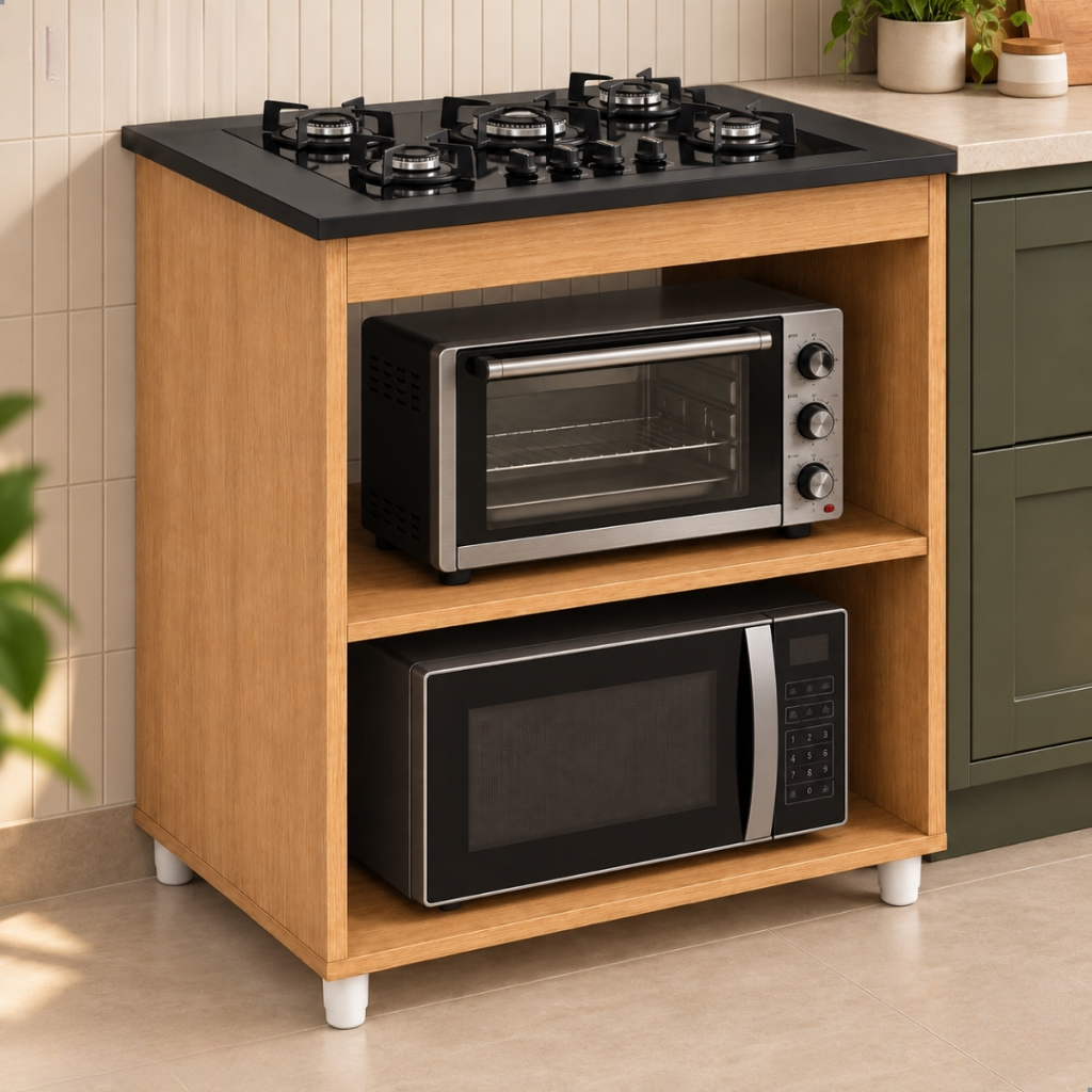 QUEIMA DE ESTOQUE! Balcão de Cooktop 5 Bocas Armário Para Cozinha Com Nichos Forno Microondas Fogão