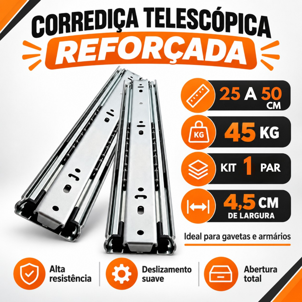 Corrediça Telescópica Trilho Larga Reforçada 1 Par 25cm 30cm 35cm 40cm 45cm 50cm 45kg
