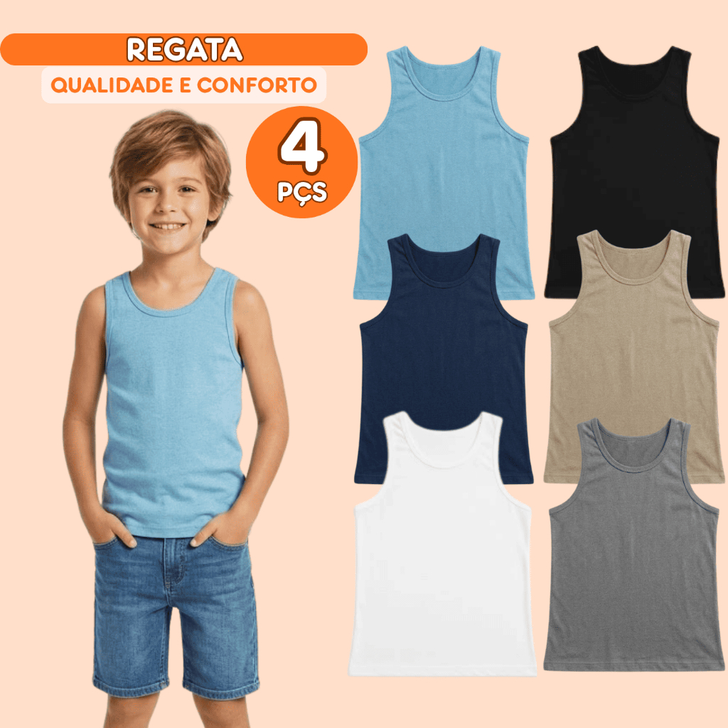 Kit Sortido 4 Regatas Infantil Menino Básica Lisa Tamanho 2 ao 14 Roupa Infantil Bebê Menino Verão Masculino