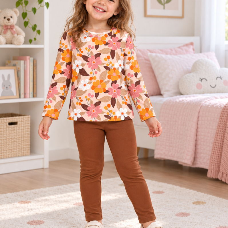Conjunto Infantil Kyly Menina Floral Blusa Meia Malha e Legging Cotton Confortável 1001529