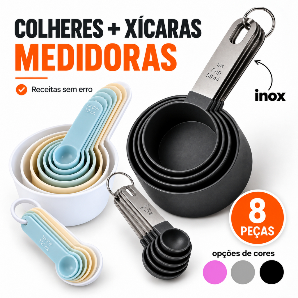 Medidor de Cozinha Inox Xicara colher Kit 8 Peças Confeitaria
