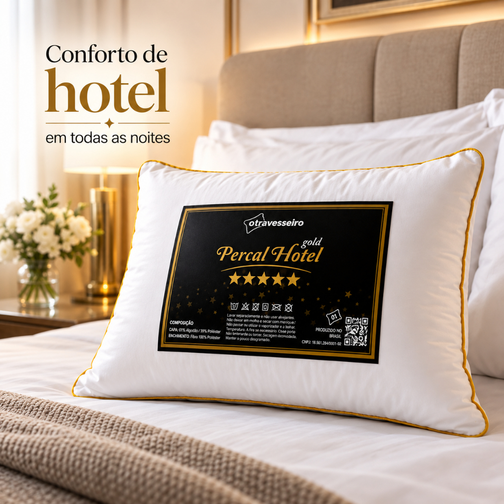 Travesseiro Luxo Percal Hotel GOLD 100% Fibra Siliconada Toque macio Lavável Antialergico