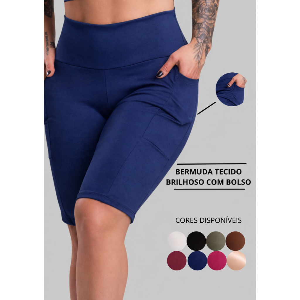 Bermuda Feminina Ciclista Fitness Cintura Alta Com Bolso Tecido Brilhoso Academia Treino ZERO TRANSPARÊNCIA
