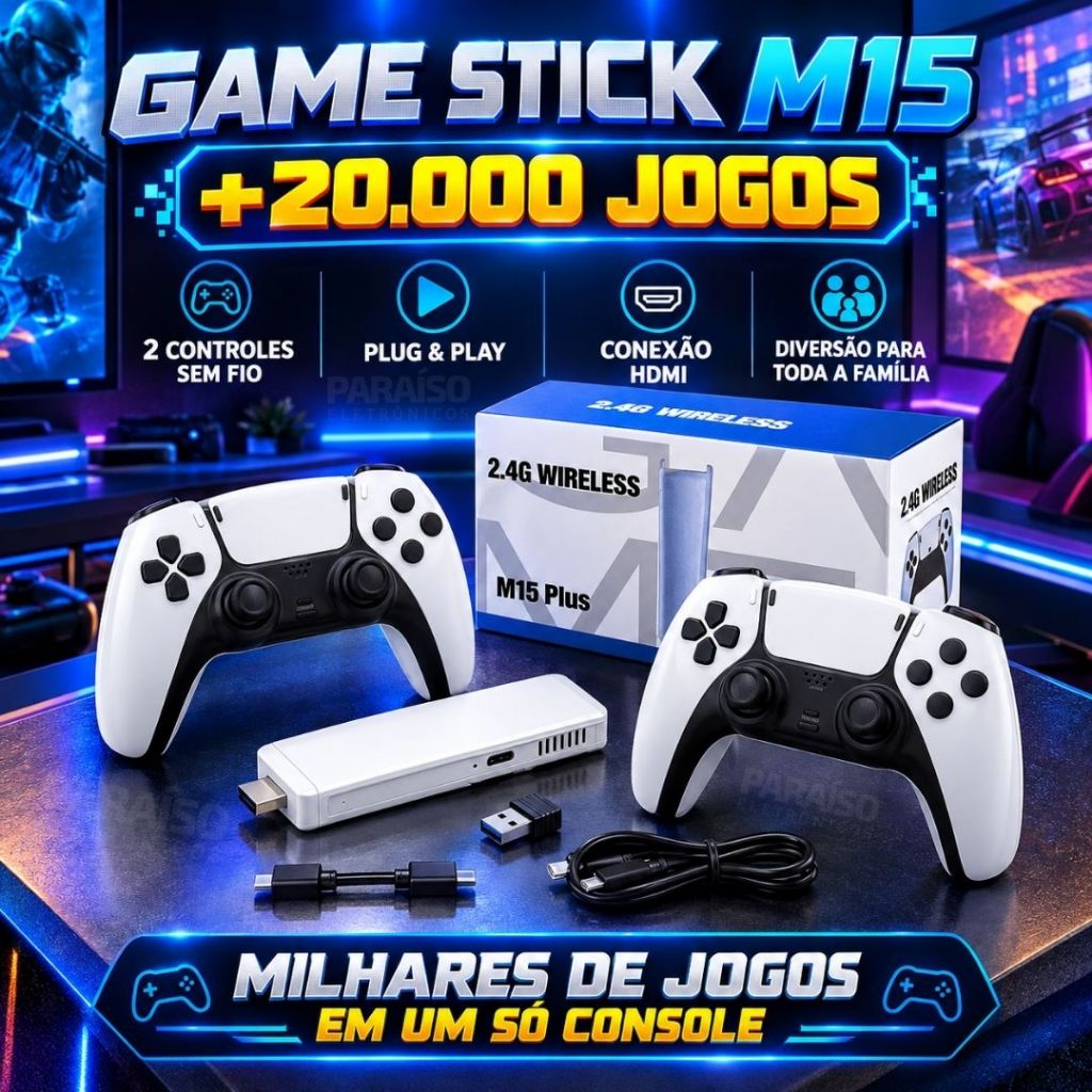 Game Stick M15 Plus +20mil Jogos Portátil 4k 64gb HDMI Vídeo Game Milhares Jogos Clássicos com 2 Controles Sem Fio