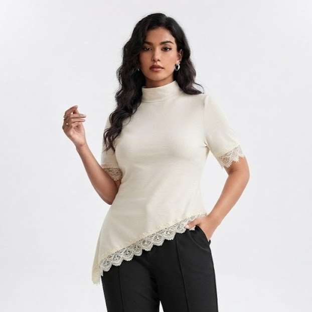 Blusa Feminina Assimétrica100%Algodão com Detalhe em Renda Elegante Sofisticada Versátil Confortável