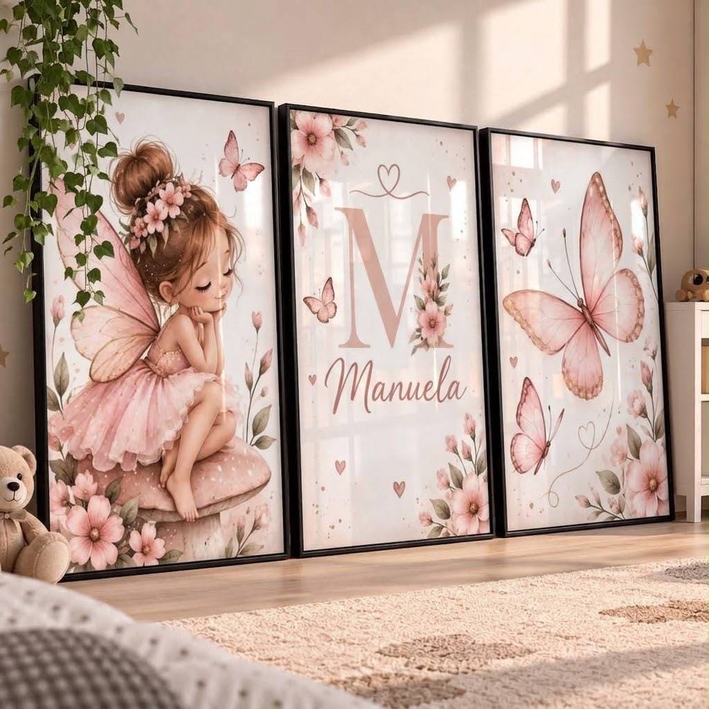 Quadros Decorativos Infantil Menina Personalizado com Nome Fadinha Rosa Borboletas