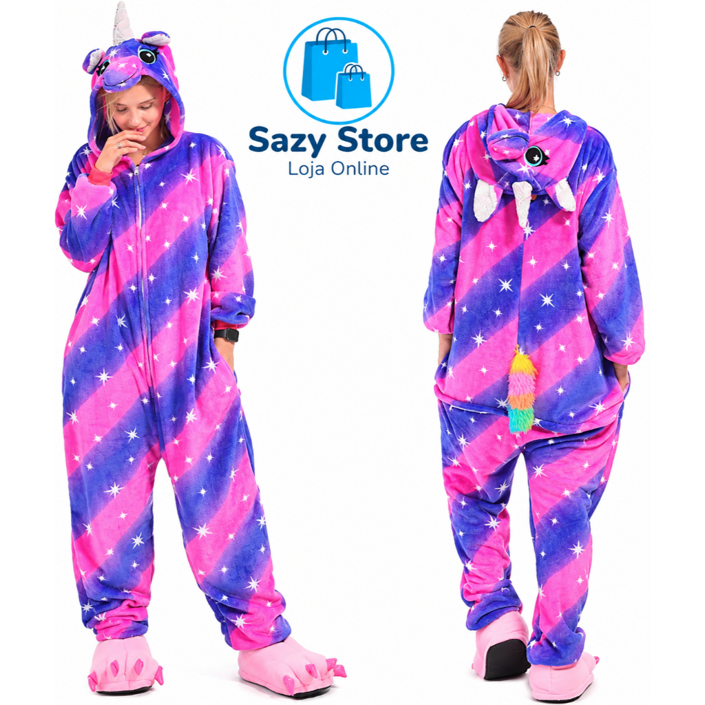 Pijama Kigurumi Unicórnio Roxo Feminino Adulto Flanelado Macio Quentinho Fantasia