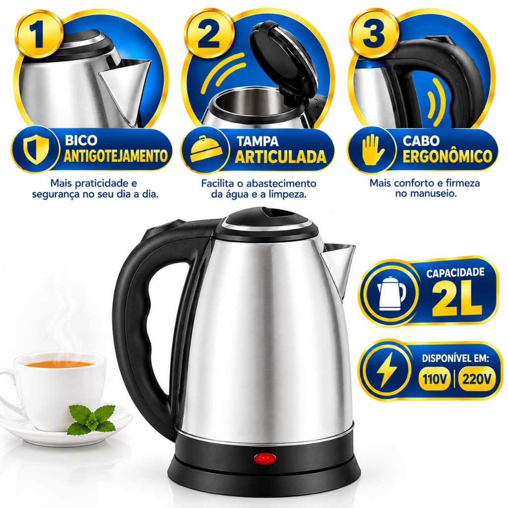 Chaleira Elétrica Inox 2l  Com Desligamento Automático - Base 360° - Jarra Elétrica para Café e Chá